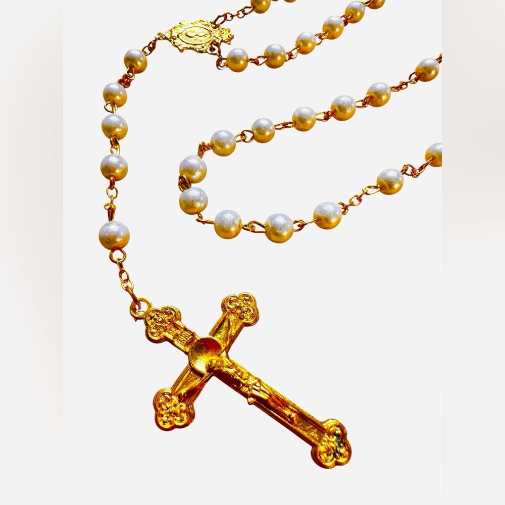 Vtg Rosary Cross Necklace & Bracelet NRI Faux Pearl Gold Tone Italy Religious. - Picture 2 of 11